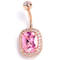 Clear Pink CZ Gem Rose Gold Tone Rococo Square Belly Ring