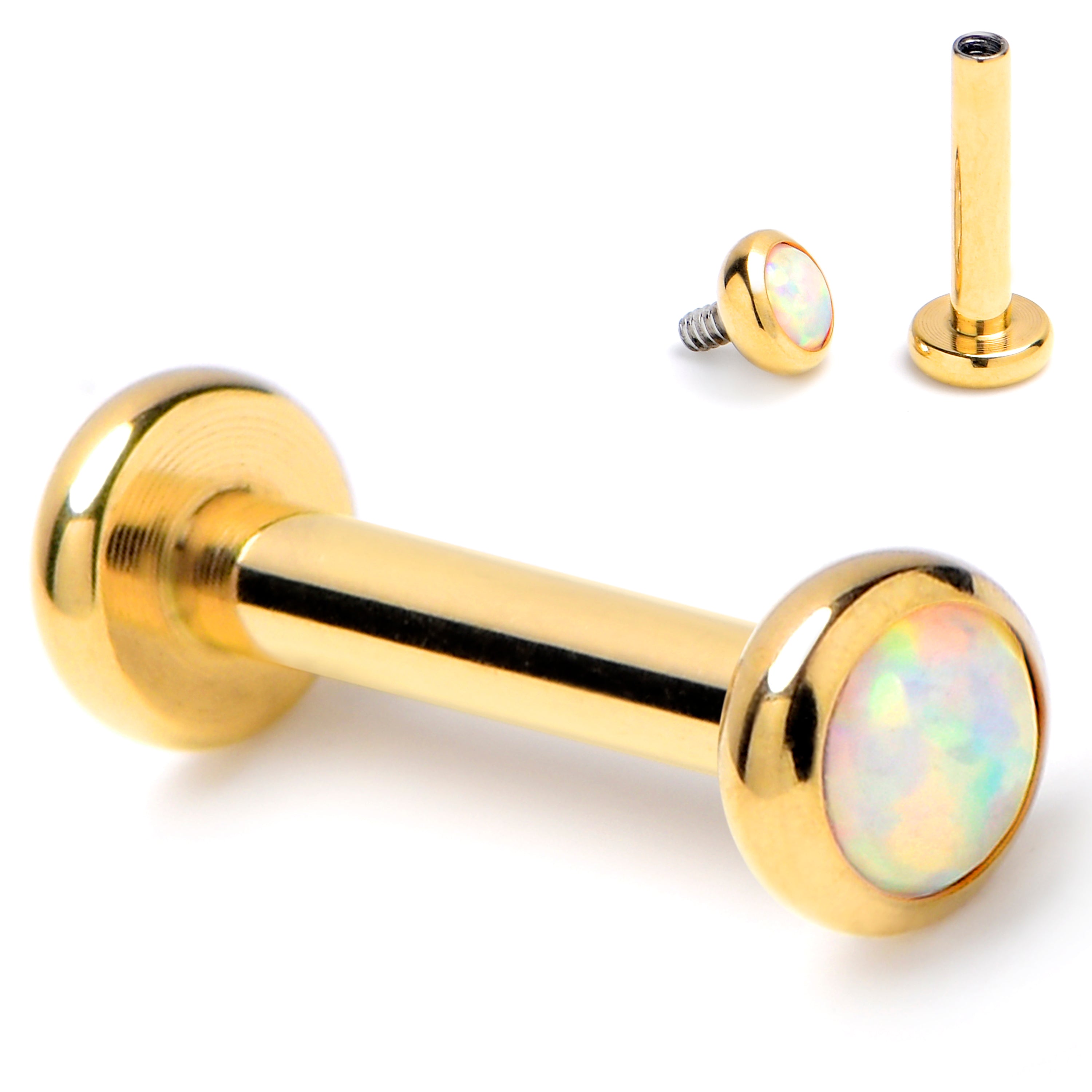 16G 1/4 White Synth Opal Gold Tone ASTM F-136 Implant Grade Titanium Internal Thread Labret