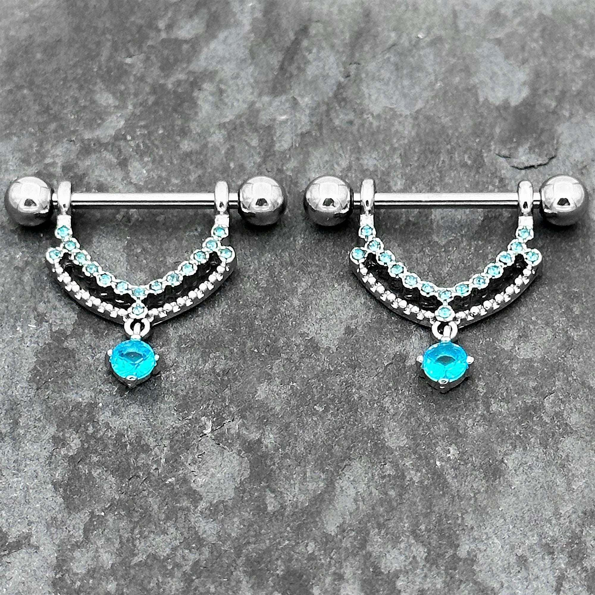 14G 9/16 Blue CZ Gem Double Curvation Dangle Nipple Ring Set