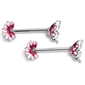 14G 9/16 Clear CZ Gem Butterfly Blossom Pink Barbell Nipple Ring Set