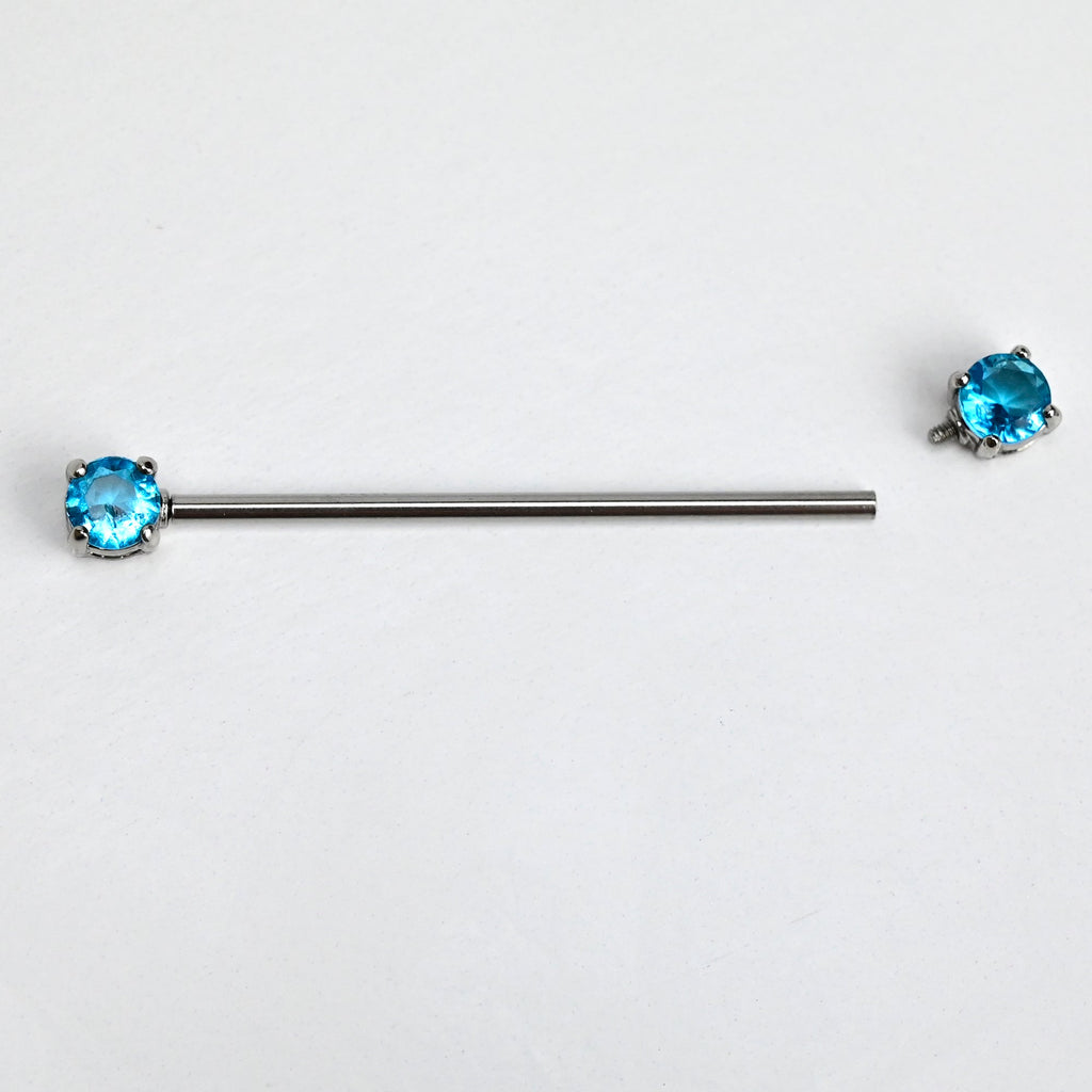 14G Blue CZ Gem Internally Threaded Industrial Barbell 38mm
