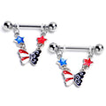 14G 9.16 Butterfly Stars Red White Blue Dangle Nipple Ring Set