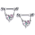 14G 9/16 Emerald Passion CZ Gem Heart Dangle Nipple Ring Set