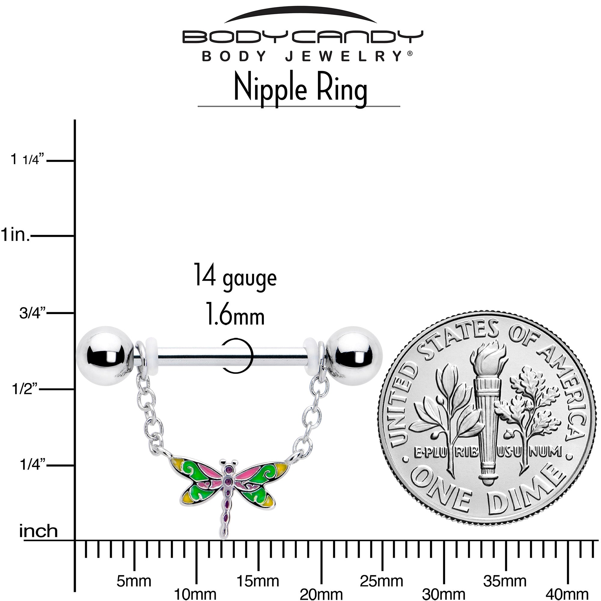 14G 9/16 Dragonfly Colors Chain Dangle Nipple Ring Set