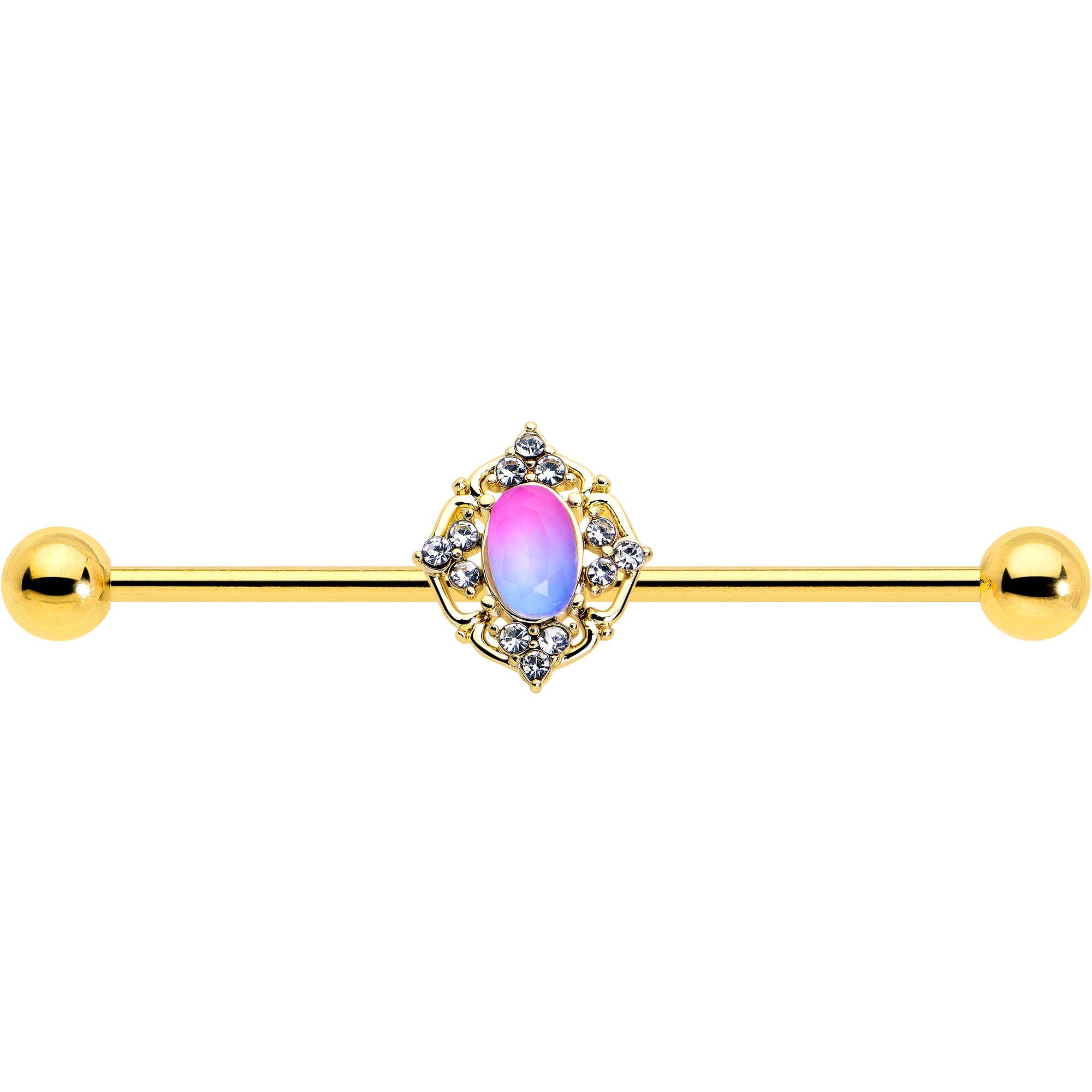 14G Pink Tourmaline Gold Tone Wondrous Industrial Barbell 38mm