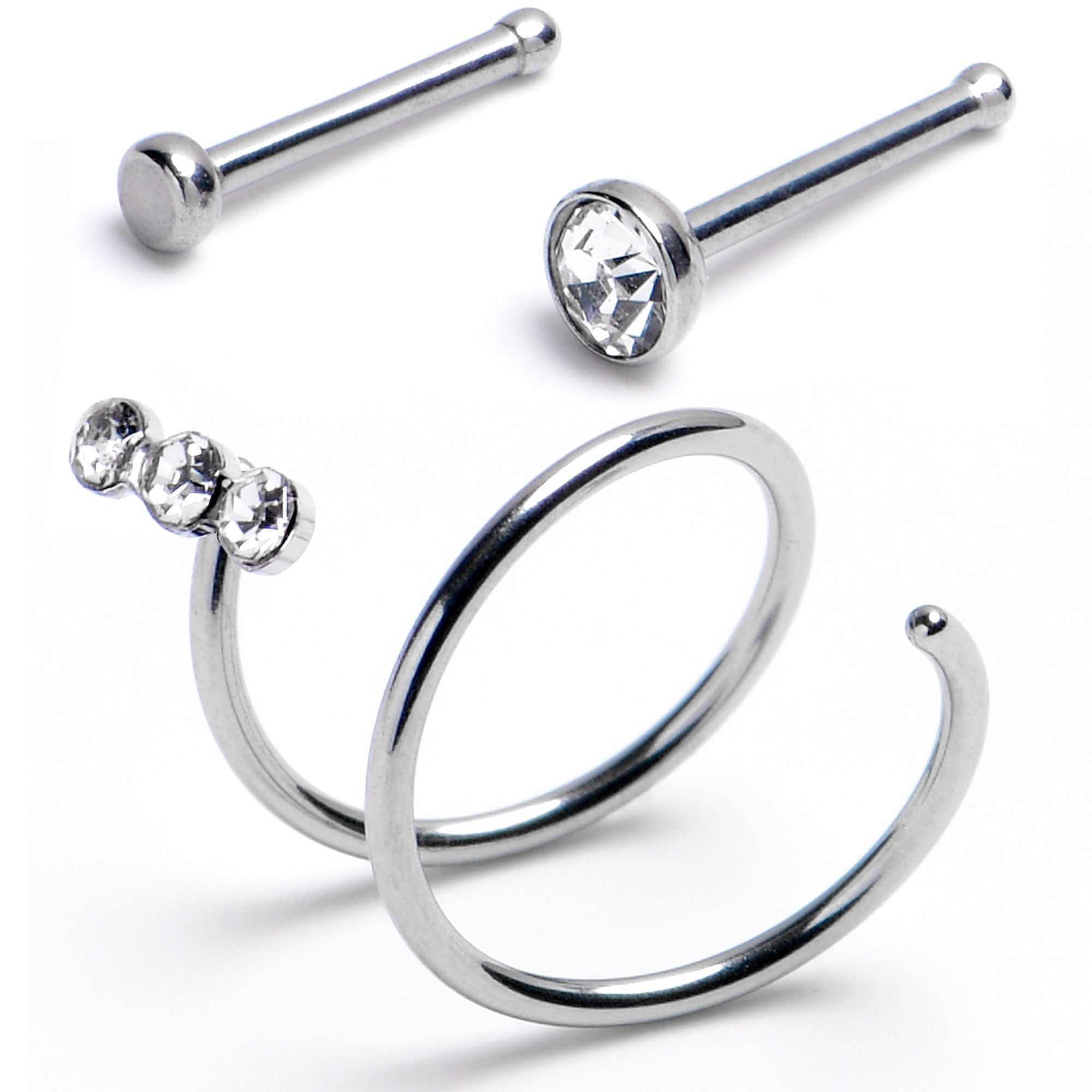 20G Nose Bone Triple Gem Twister Double Nose Hoop Ring 3 Pack
