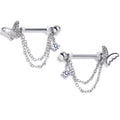 14G 9/16 Clear Gem Butterfly White Chain Dangle Nipple Ring Set