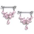 14G 9/16 Pink Gem Baroque Flower Bloom Dangle Nipple Ring Set