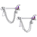 14G 9/16 Clear CZ Gem Butterfly Purple Beauty Dangle Nipple Ring Set