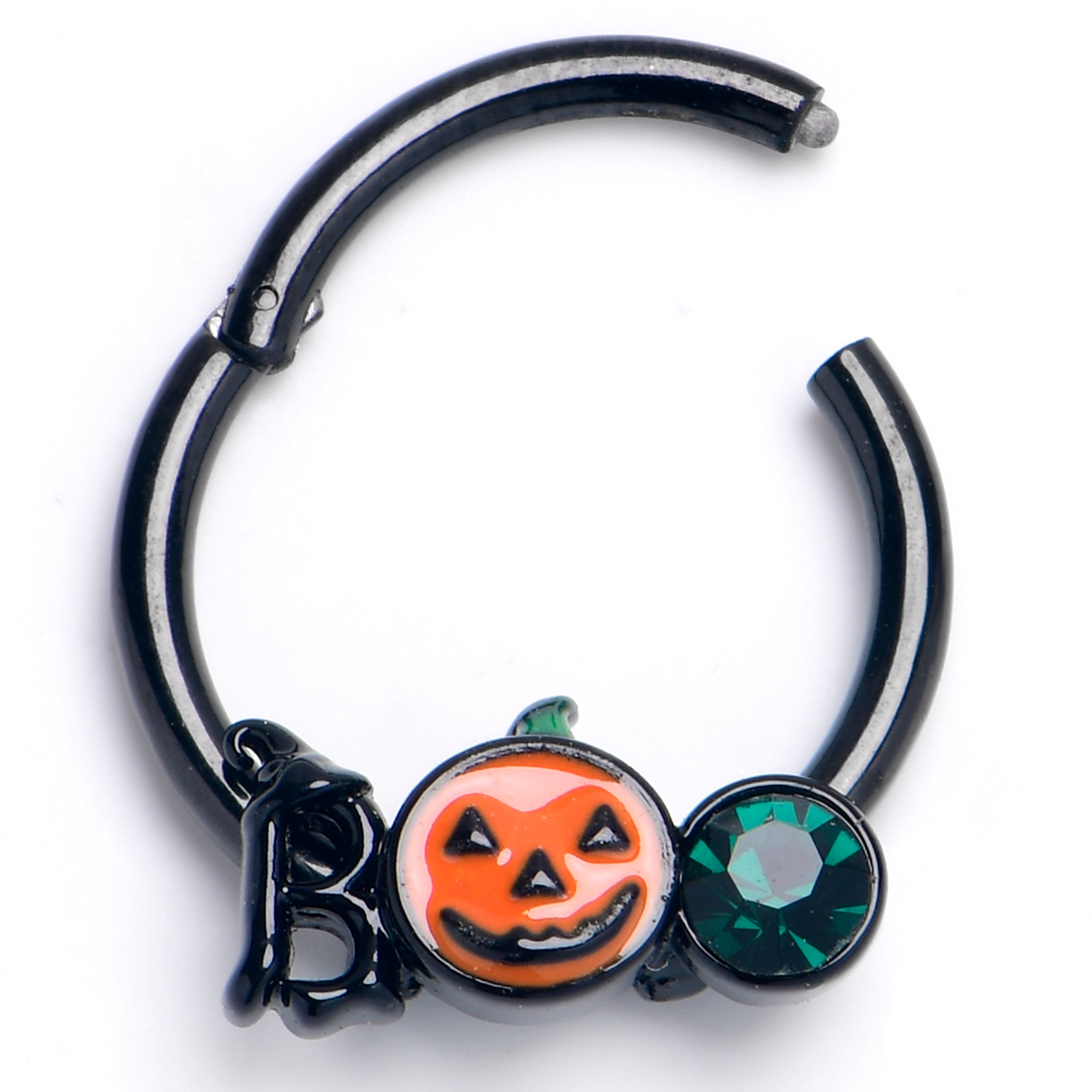 16G  3/8 Green Gem Black Boo Halloween Hinged Segment Ring