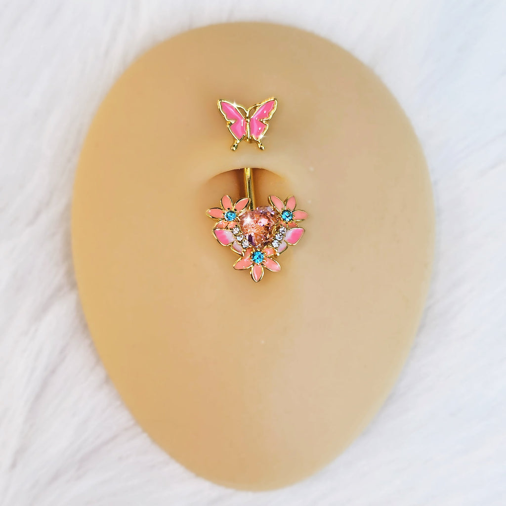 Blue Pink Clear Gem Gold Tone Butterfly Flowers Double Mount Belly Ring