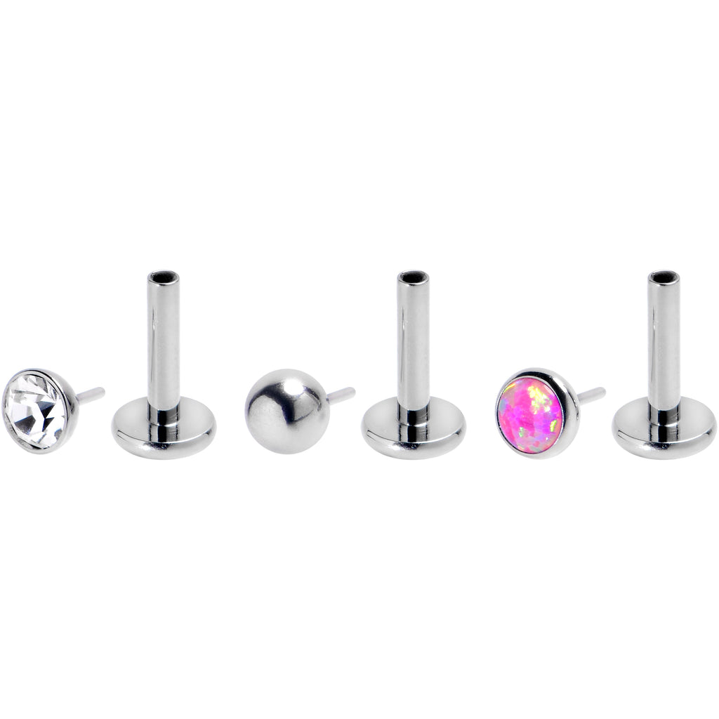 16G 1/4 Pink Synthetic Opal G23 Titanium Threadless Push In Labret Set of 3