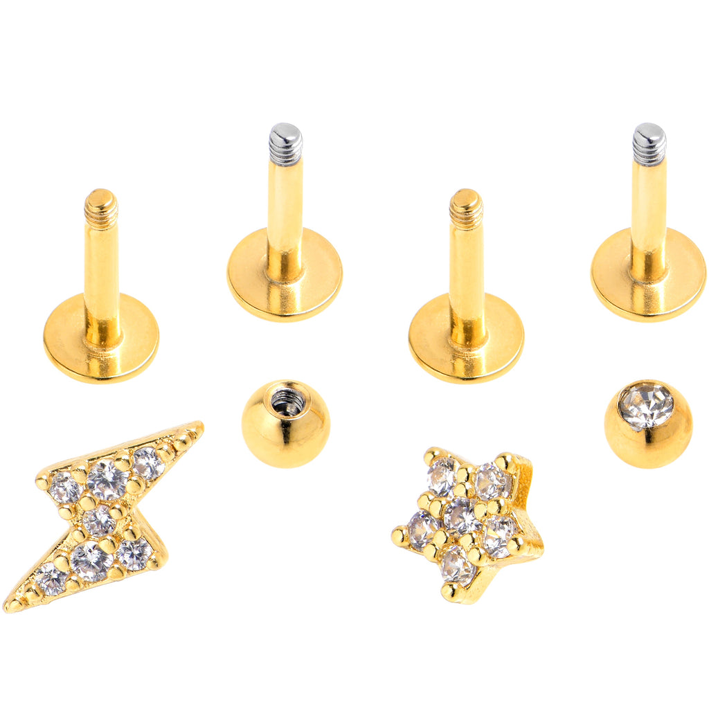 16G 1/4 Clear CZ Gem Gold Tone Bling Star Labret Tragus Curation Set of 4