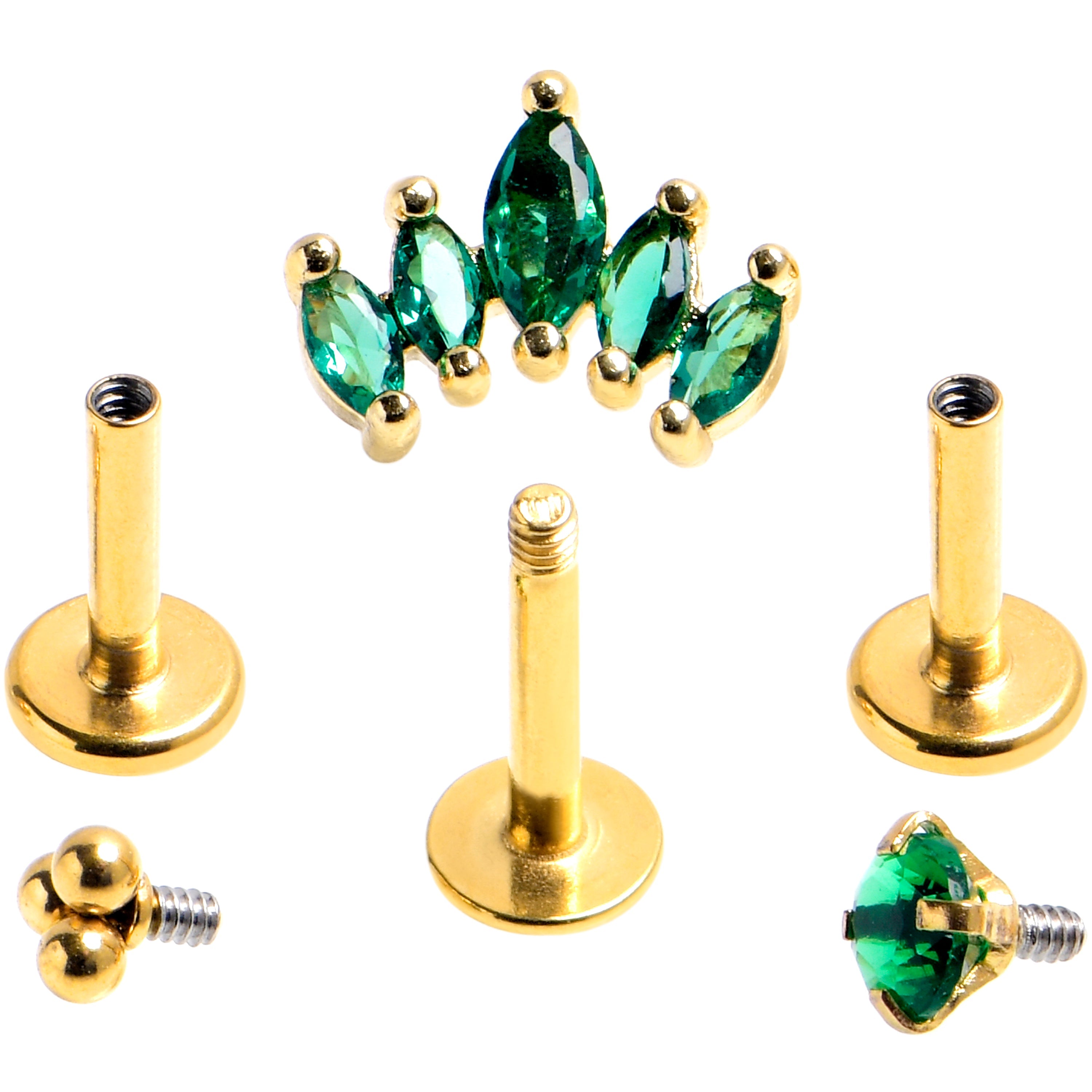 16G 1/4 Green CZ Gem Gold Tone Royal Glam Labret Tragus Set of 3