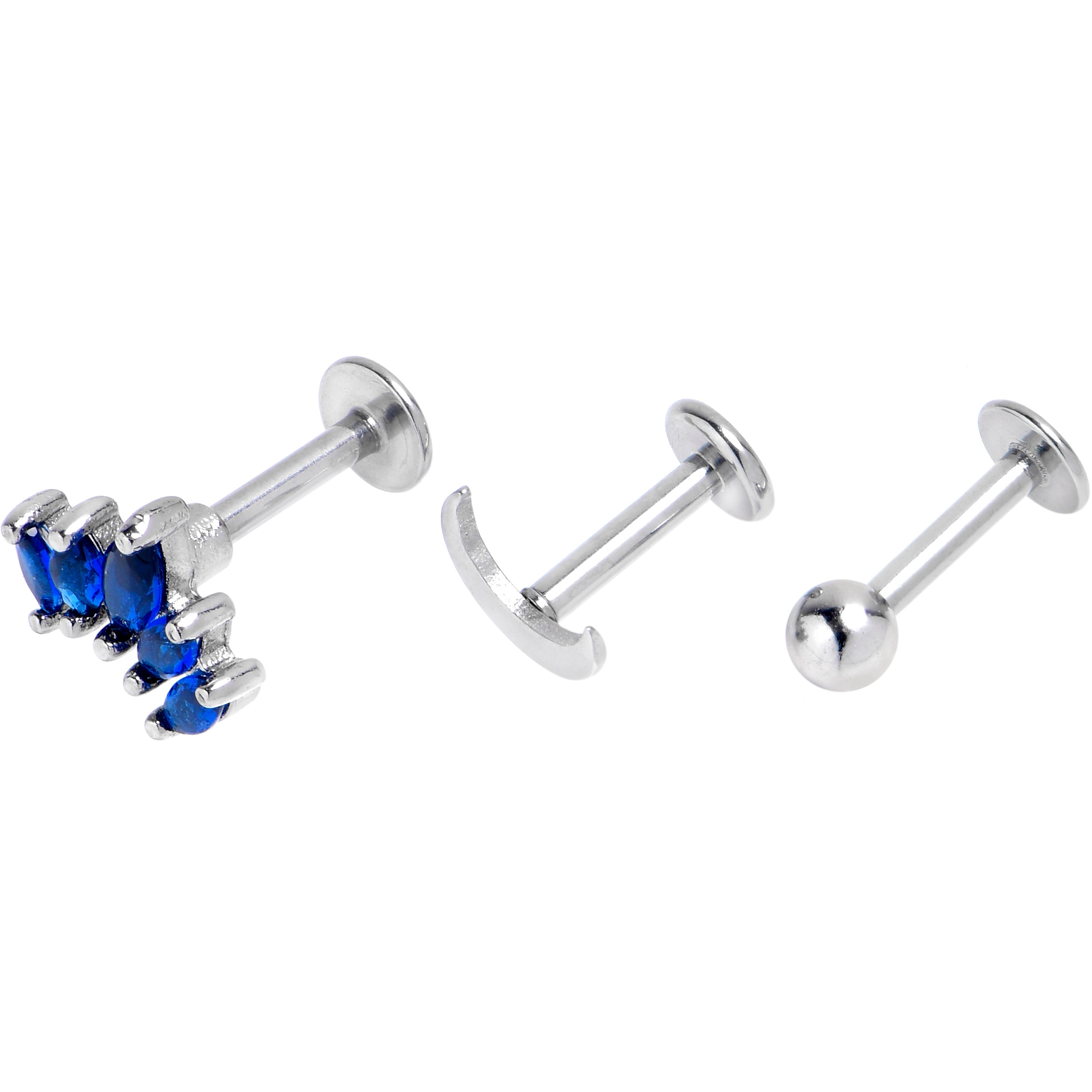 16G 1/4 Blue CZ Gem Moon Arch Labret Tragus Set of 3