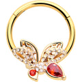 16G 3/8 Red CZ Gem Gold Tone Drama Butterfly Hinged Segment Ring
