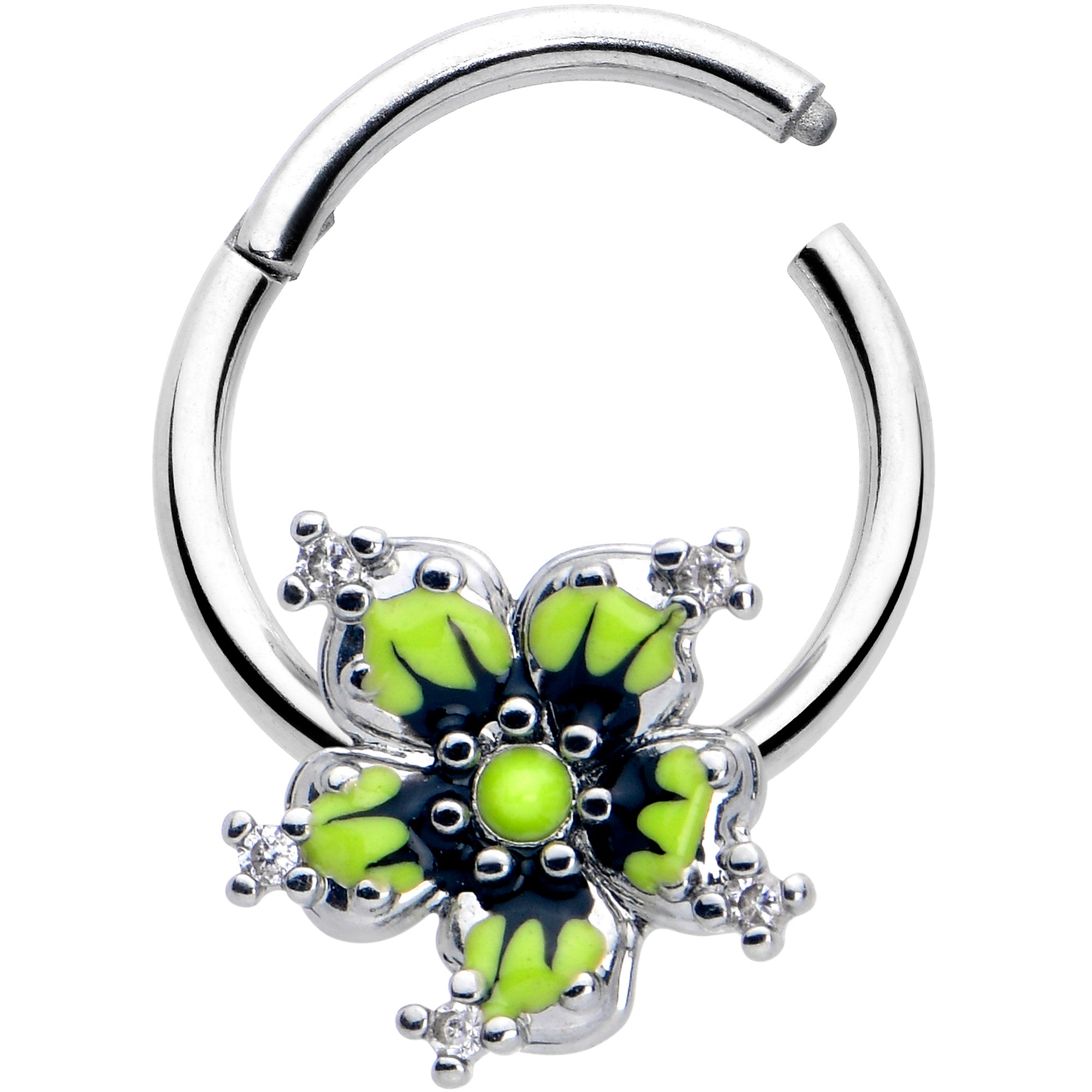16G 3/8 Clear CZ Gem Go Green Flower Hinged Segment Ring