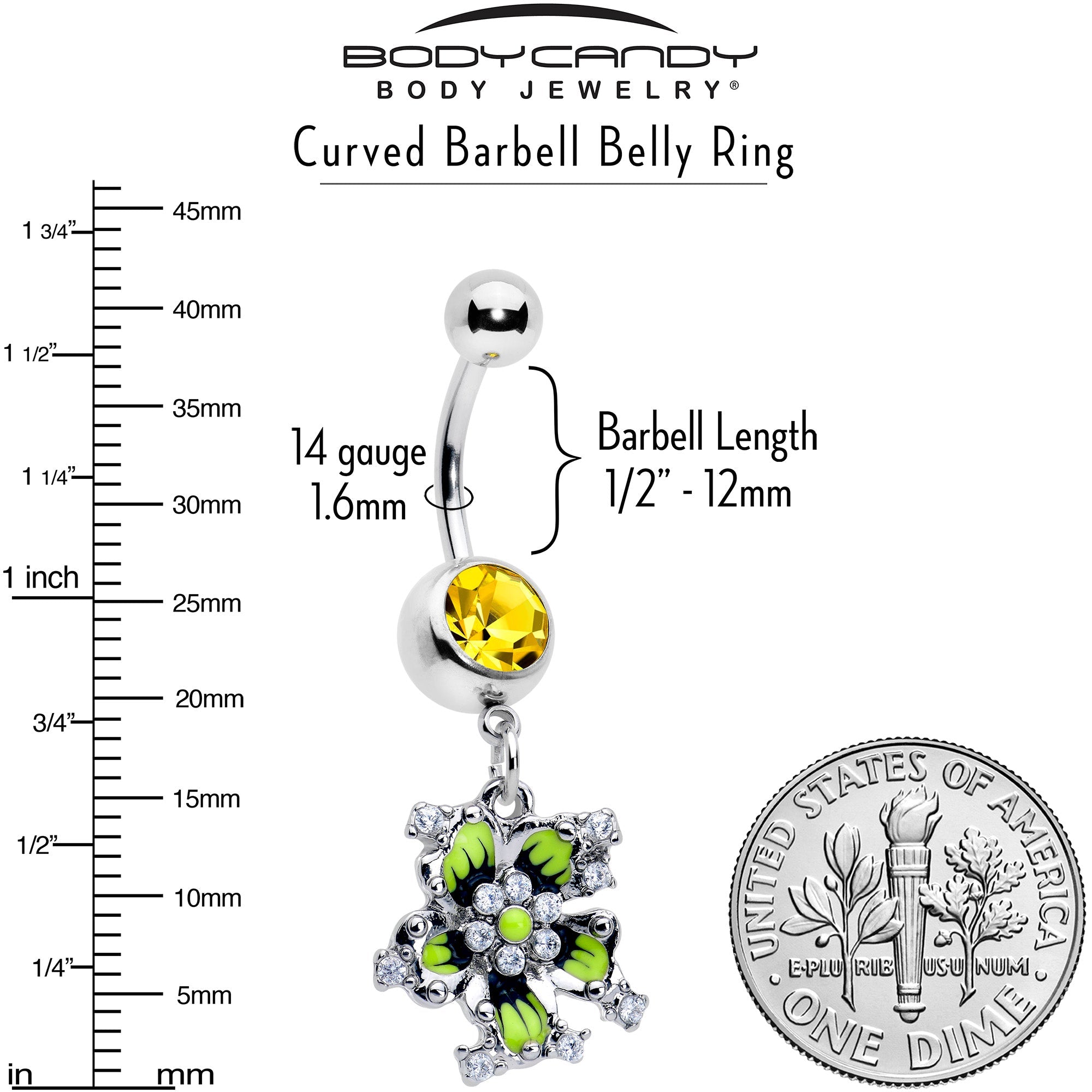 Clear Yellow CZ Gem Go Green Flower Dangle Belly Ring