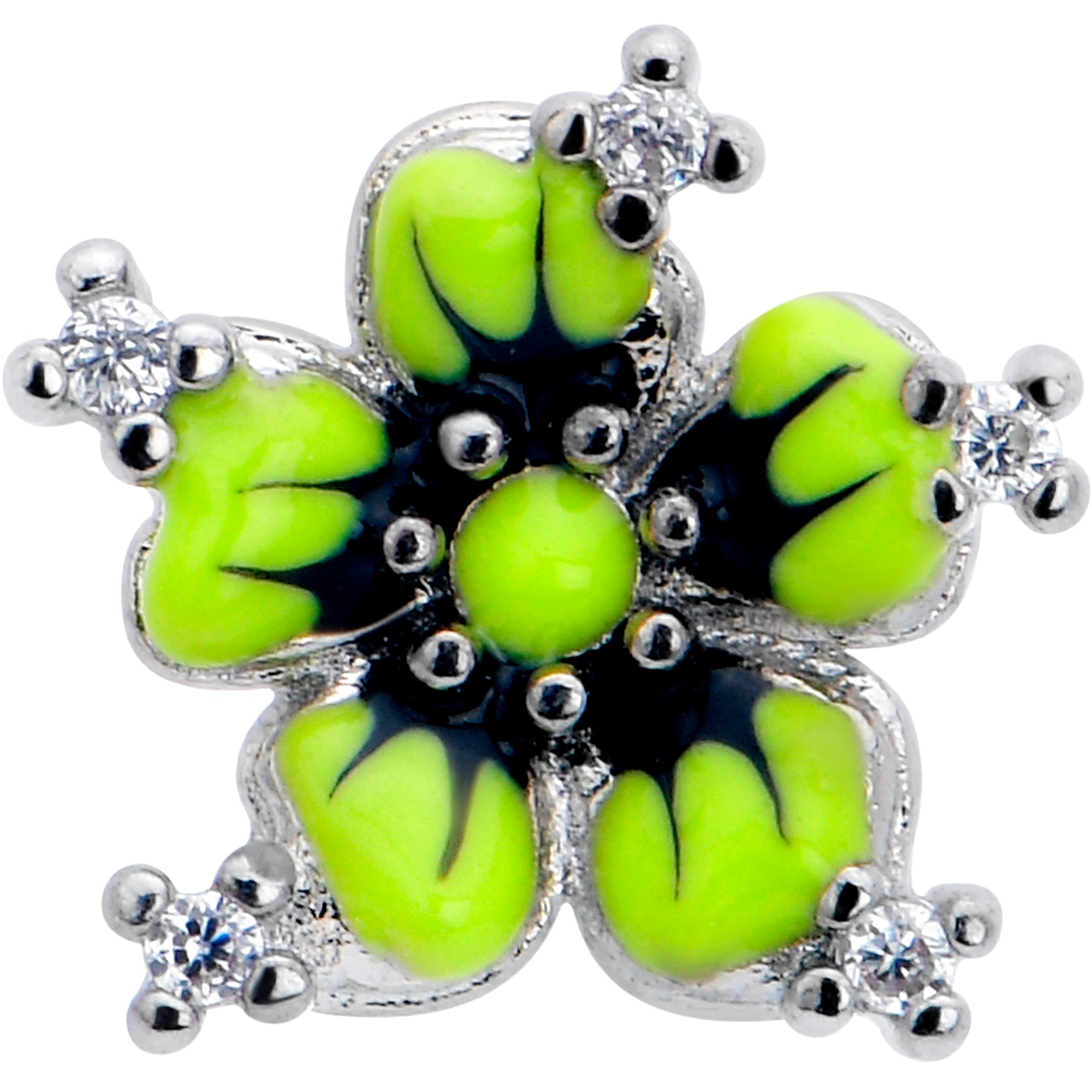 20G 7mm Clear CZ Gem Go Green Flower L Shape Nose Ring