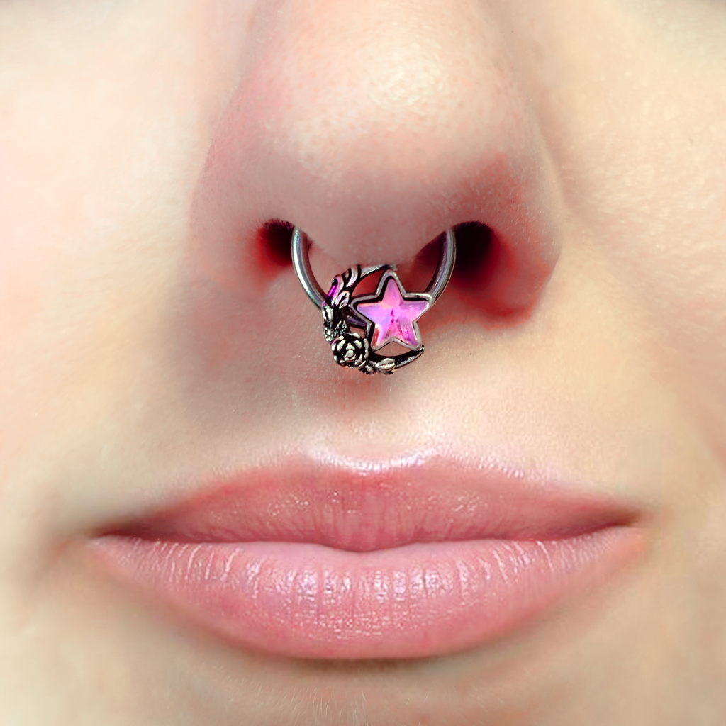 16G 3/8 Pink Gem Ornate Moon Star Hinged Segment Ring