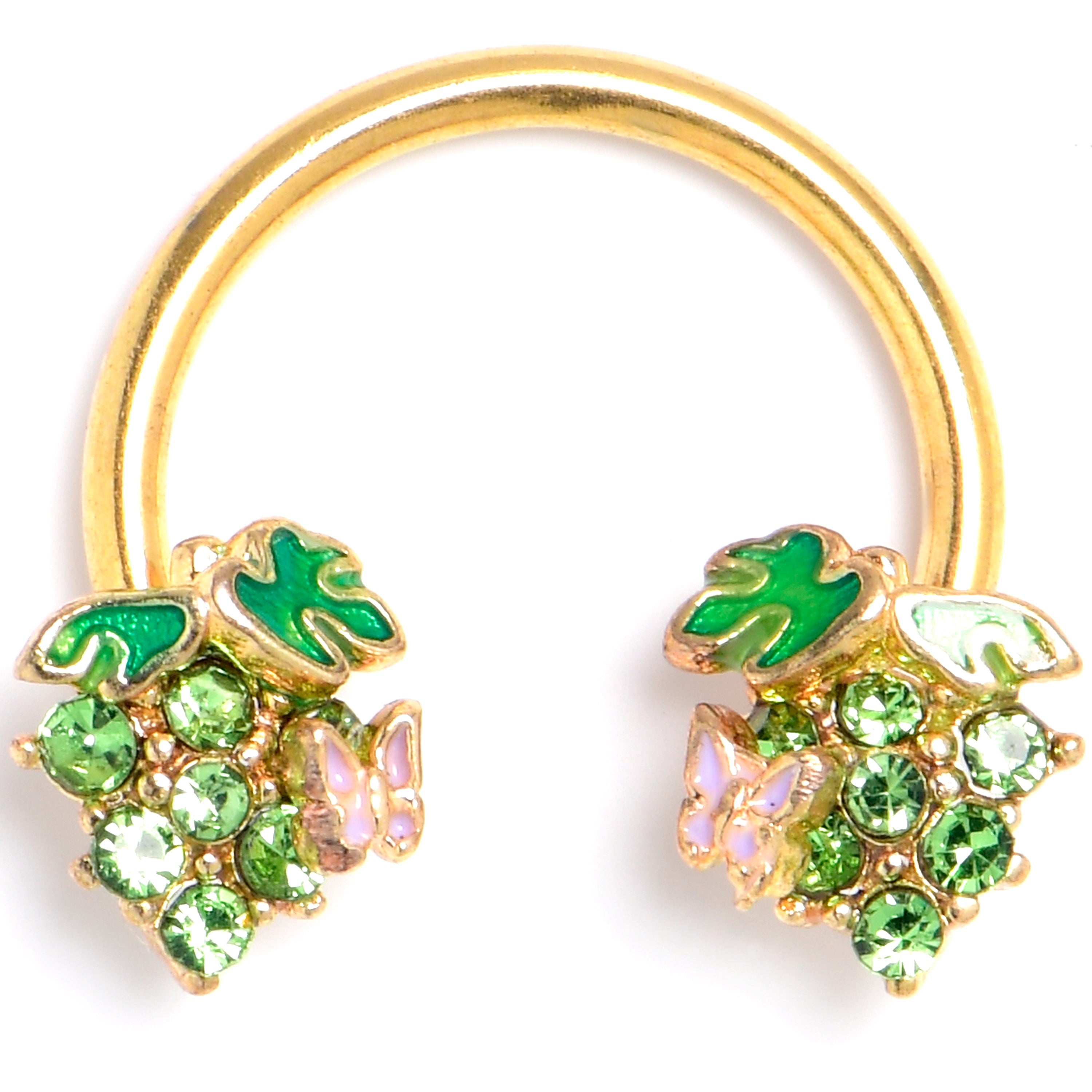 16G 3/8 Green Gem Gold Tone Butterfly Grapes Horseshoe Circular Barbell