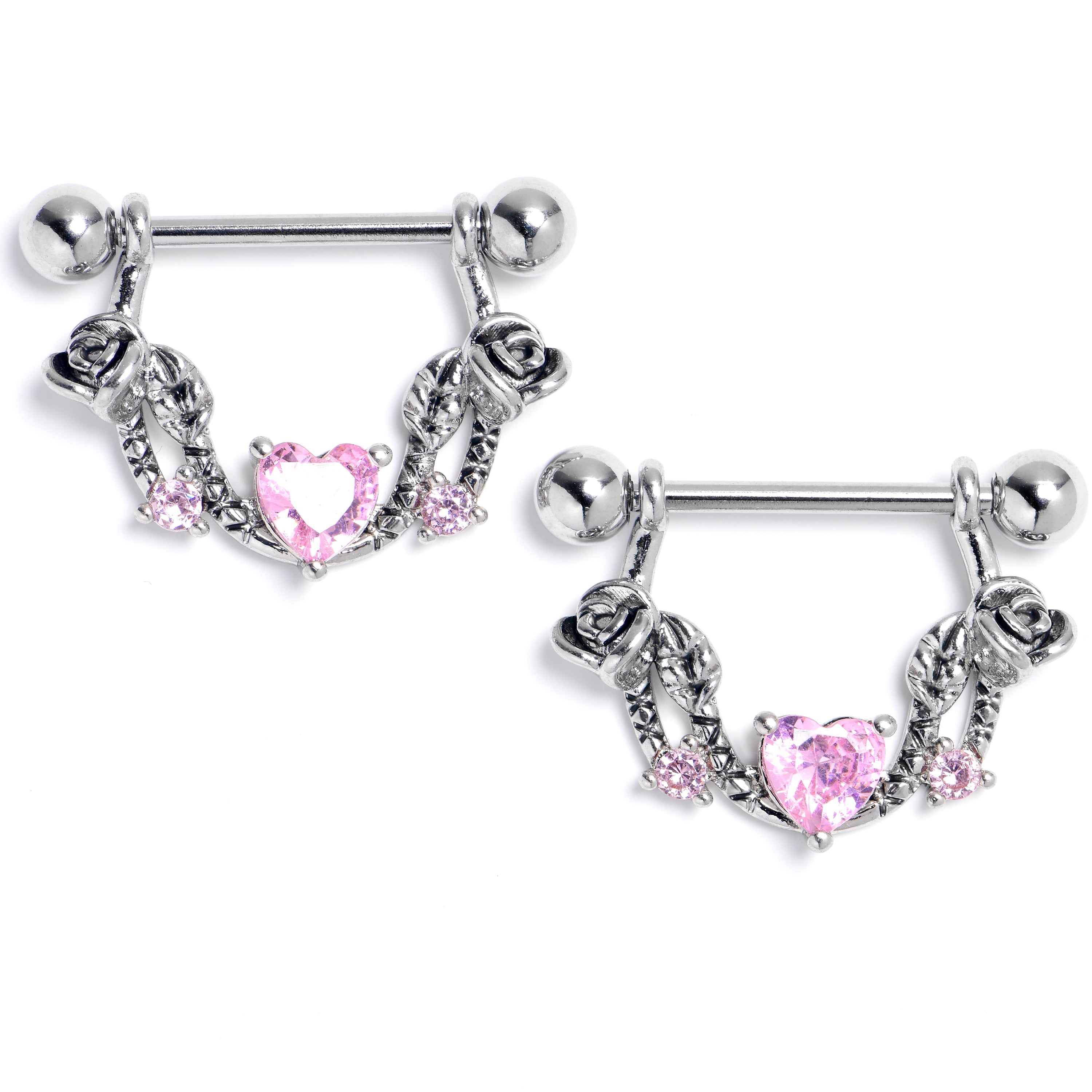 14G 9/16 Pink Gem Heart Ribbon Dangle Nipple Ring Set