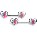 14G 9/16 Clear Gem Butterfly Love Heart Pink Barbell Nipple Ring Set