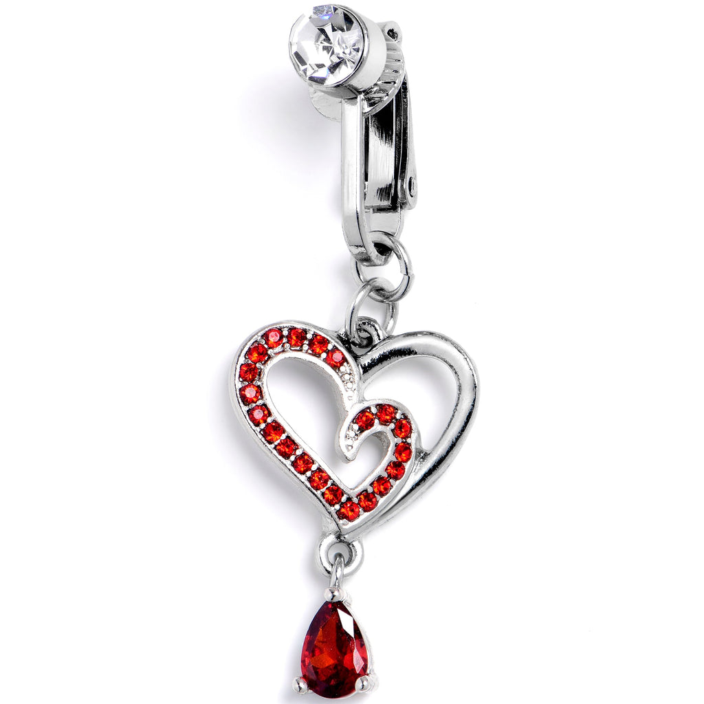 Red CZ Gem Asymmetrical Heart Dangle Clip On Fake Belly Ring
