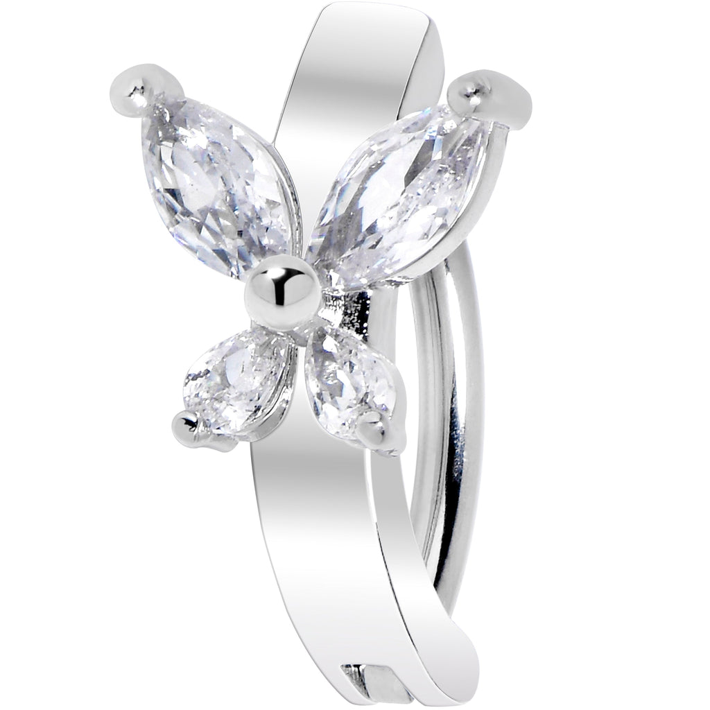 14G 3/8 Clear CZ Gem G23 Titanium Butterfly Hinged Hoop Belly Ring
