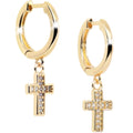 Gold Tone Stainless Steel Hinged Huggie Hoop Cross Dangle Earrings