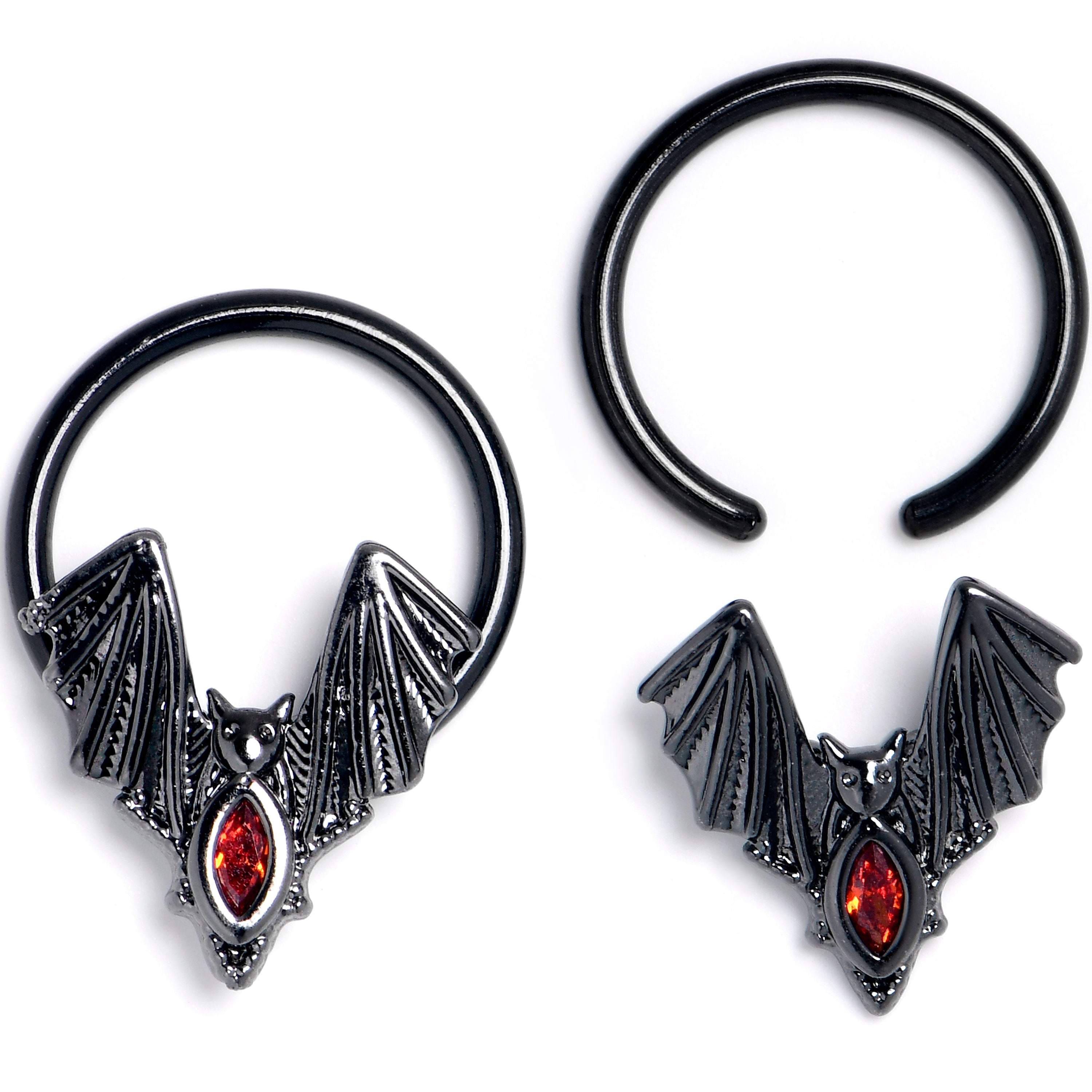 16G 3/8 Red Gem Black Bat BCR Captive Ring Set of 4
