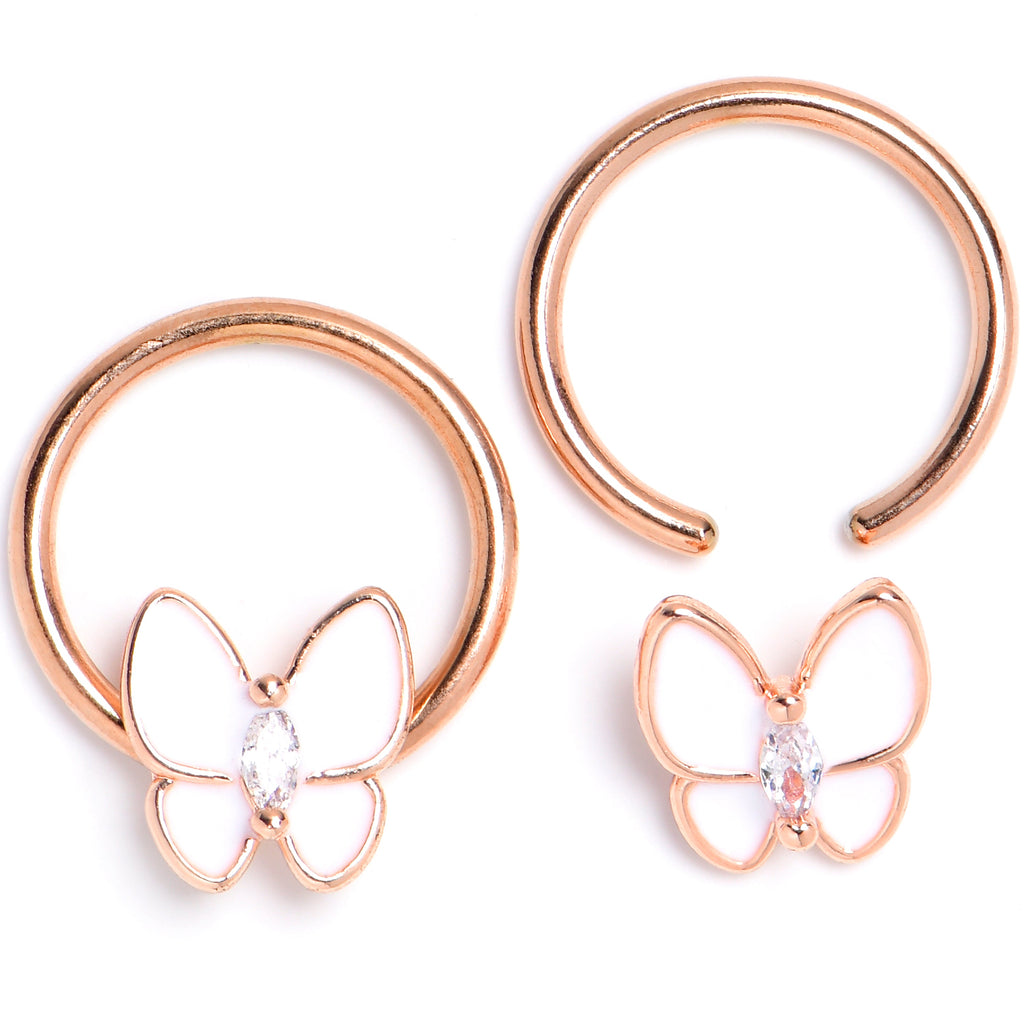 16G 3/8 Clear Gem Rose Gold Tone Butterfly BCR Captive Ring Set of 4