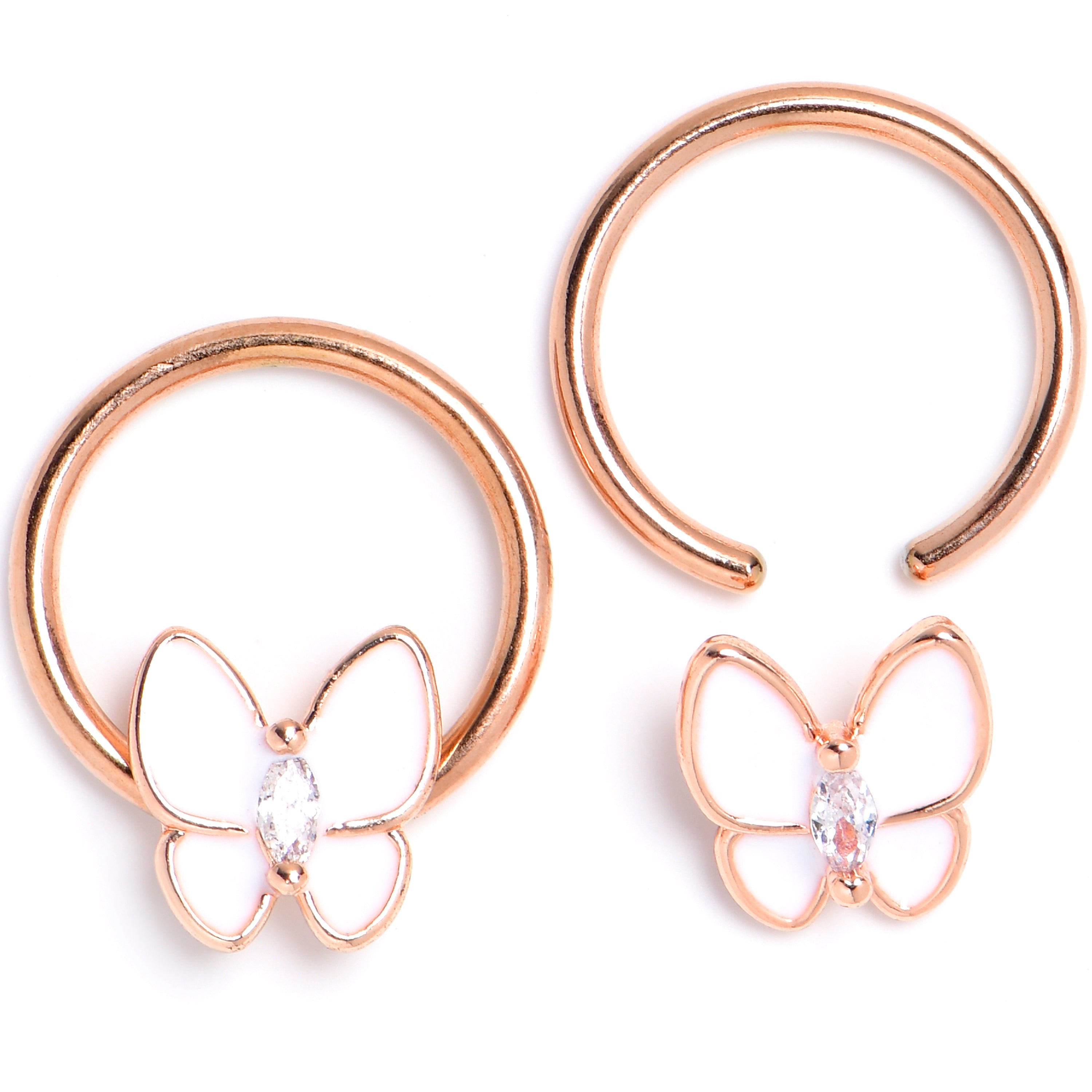16G 3/8 Clear Gem Rose Gold Tone Butterfly BCR Captive Ring Set of 4
