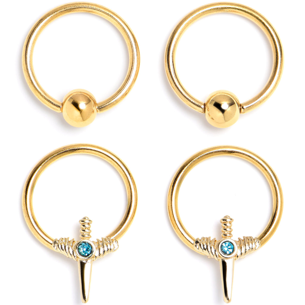 16G 3/8 Blue Gem Gold Tone Style Knife BCR Captive Ring Set of 4