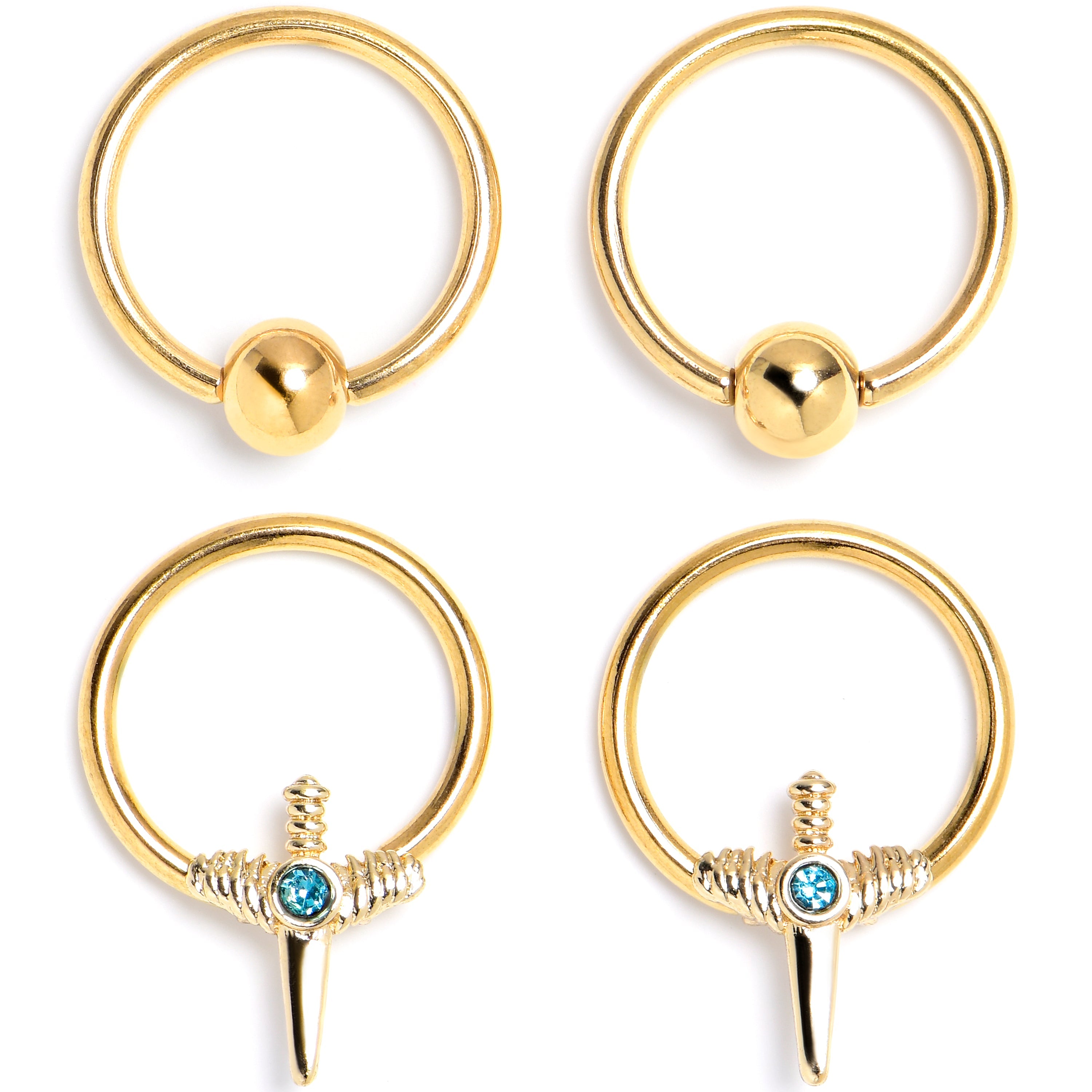 16G 3/8 Blue Gem Gold Tone Style Knife BCR Captive Ring Set of 4