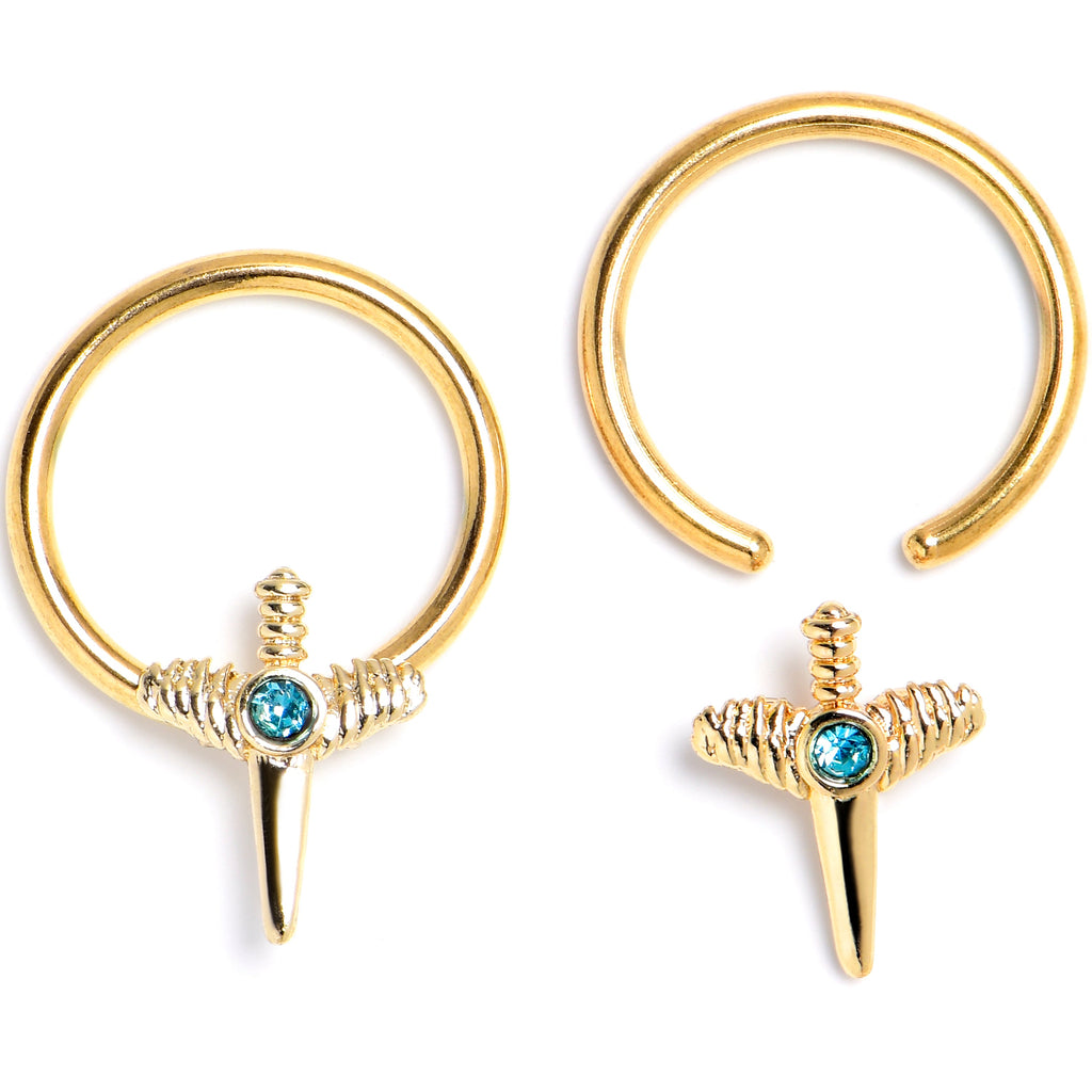 16G 3/8 Blue Gem Gold Tone Style Knife BCR Captive Ring Set of 4
