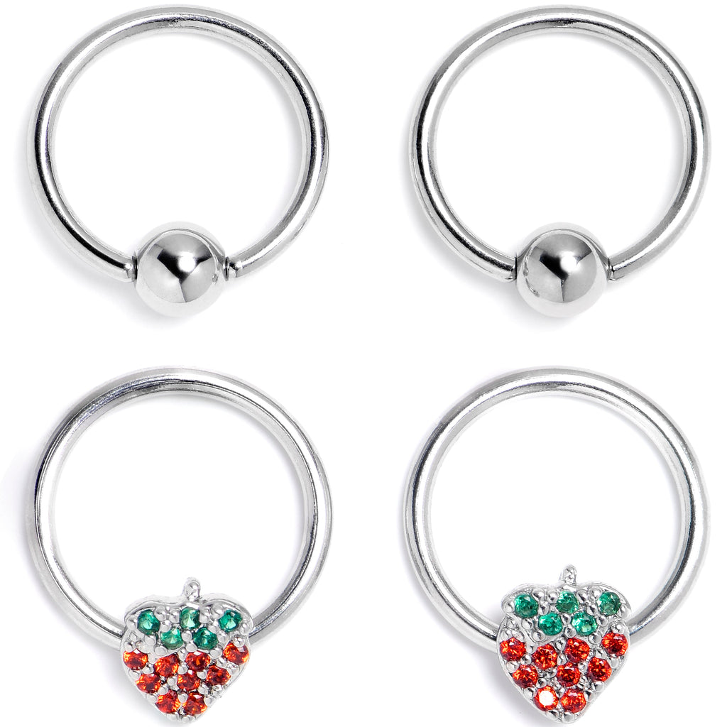 16G 3/8 Red Green Gem Strawberry BCR Captive Ring Set of 4