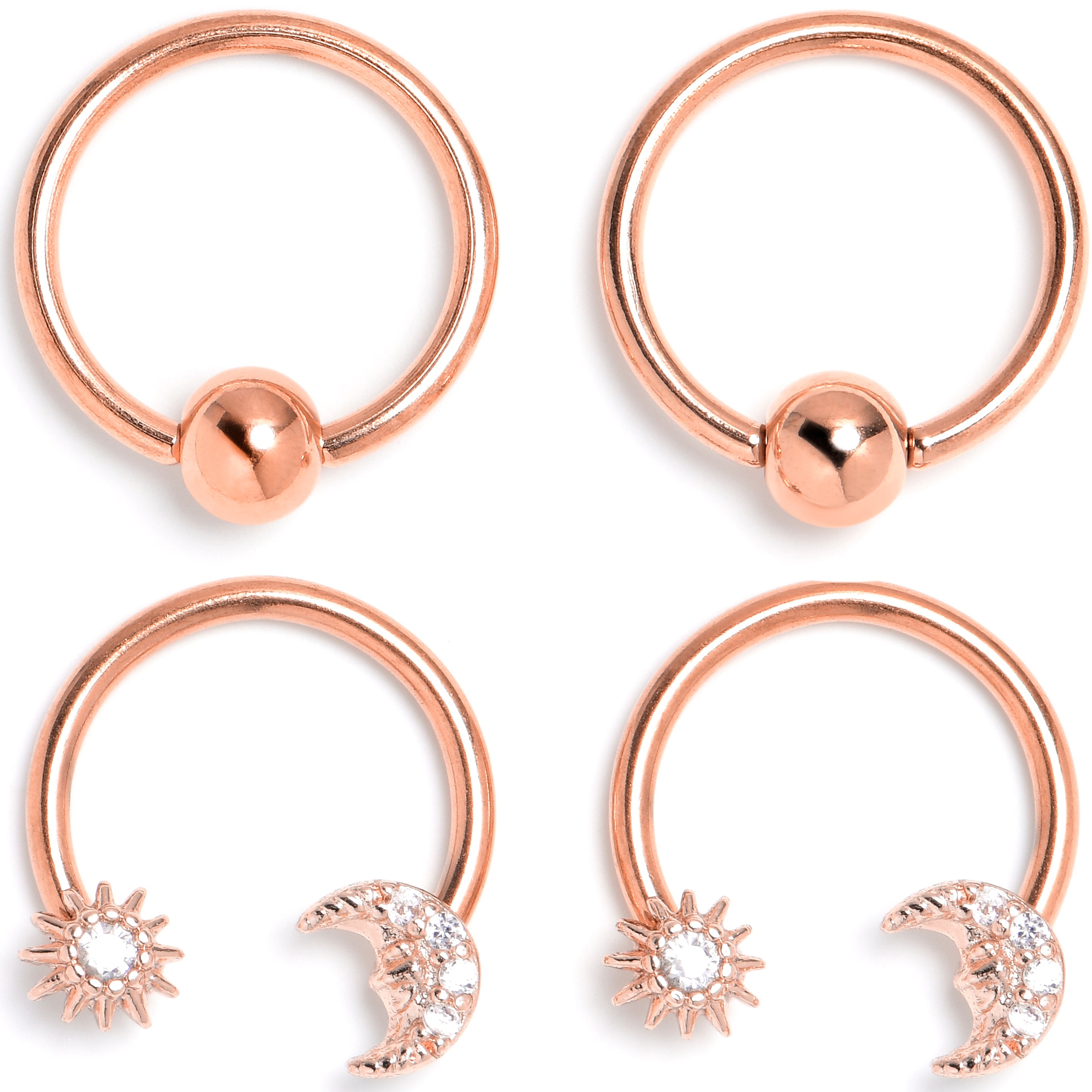 16G 3/8 Clear Gem Rose Gold Tone Moon Sun Captive Horseshoe Set of 4