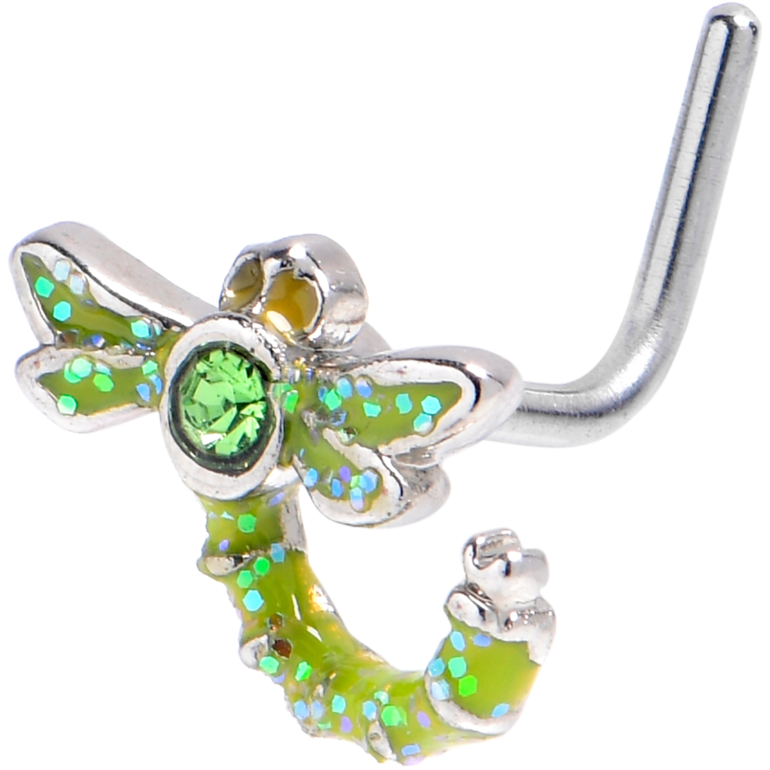 20G 7mm Green Gem Glitter Dragonfly L Shape Nose Ring