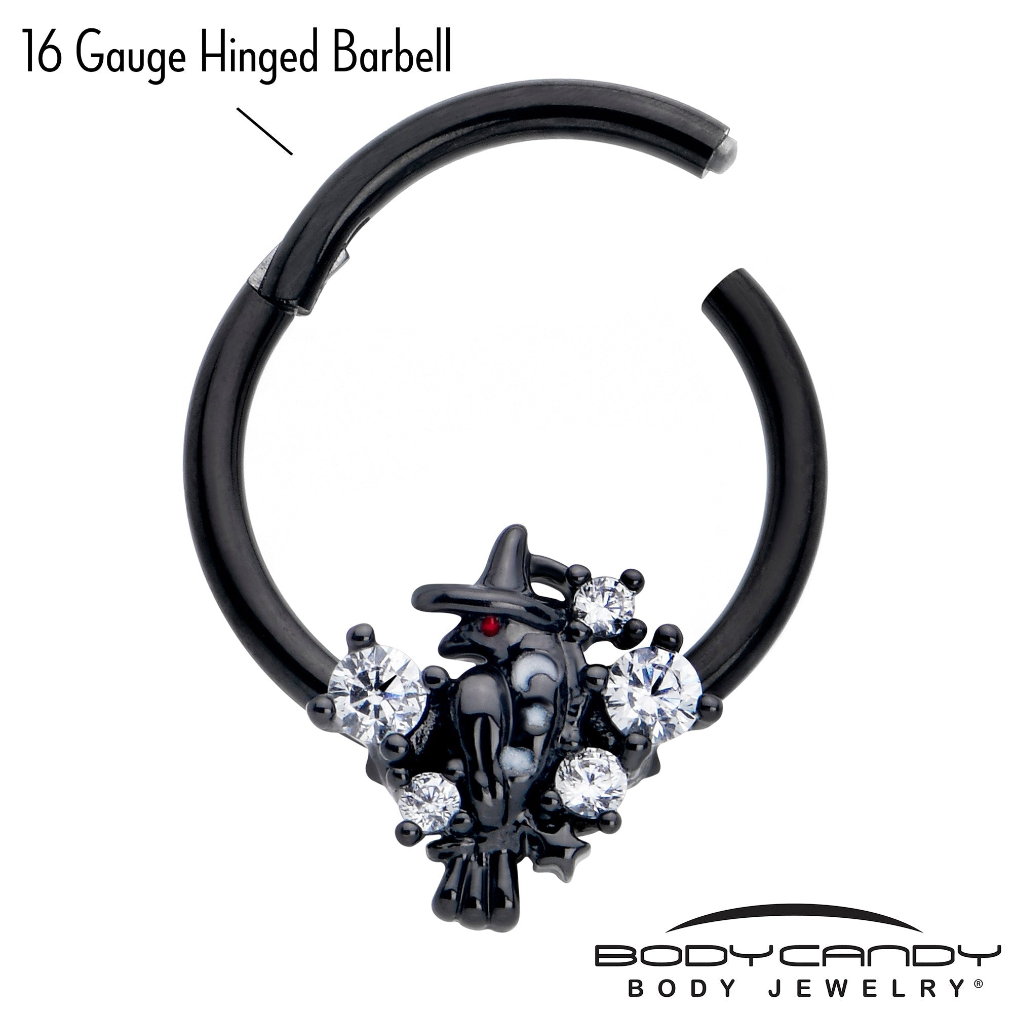 16G 3/8 Clear CZ Gem Black Raven Witch Hinged Segment Ring
