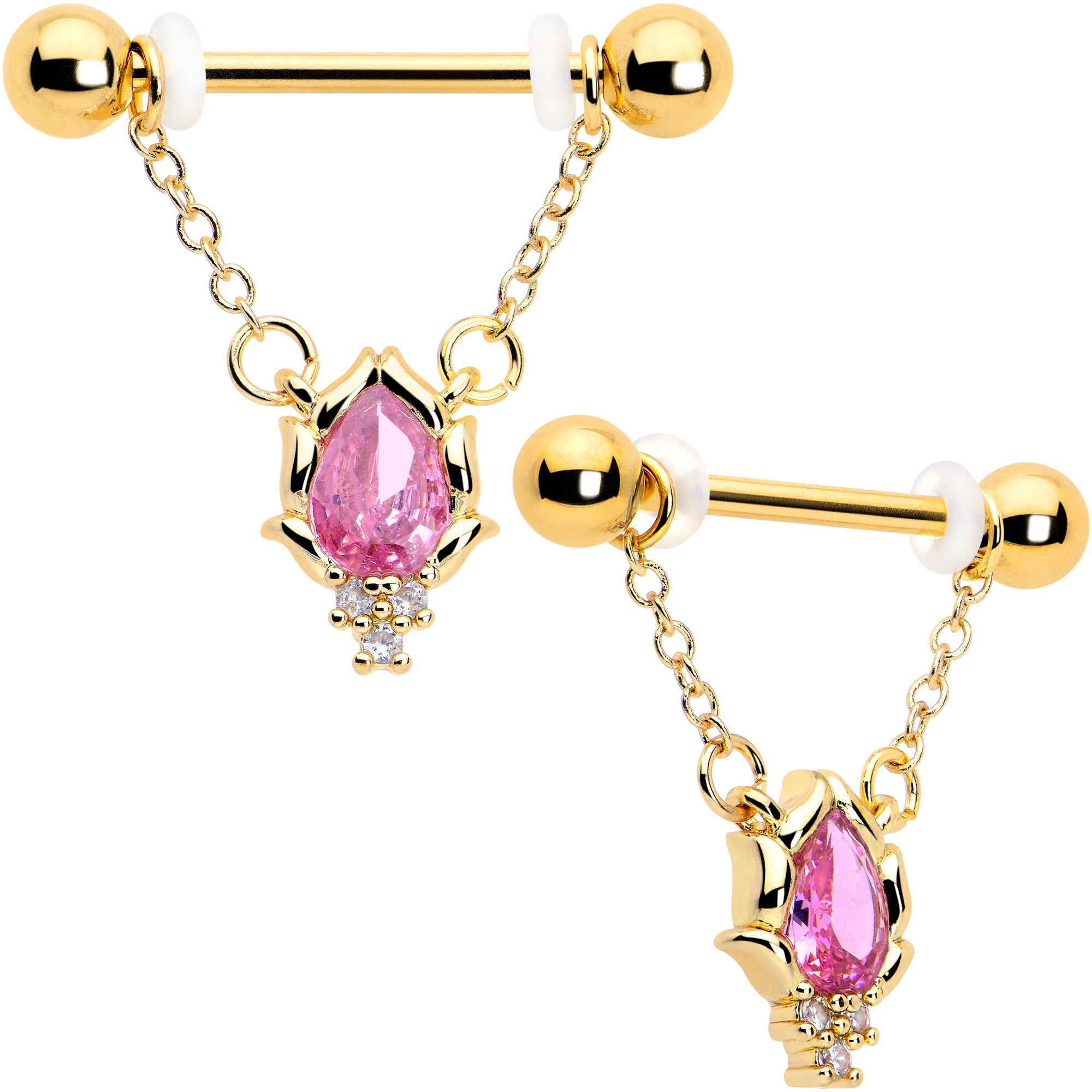14G 9/16 Pink CZ Gem Gold Tone Style Fire Dangle Nipple Ring Set