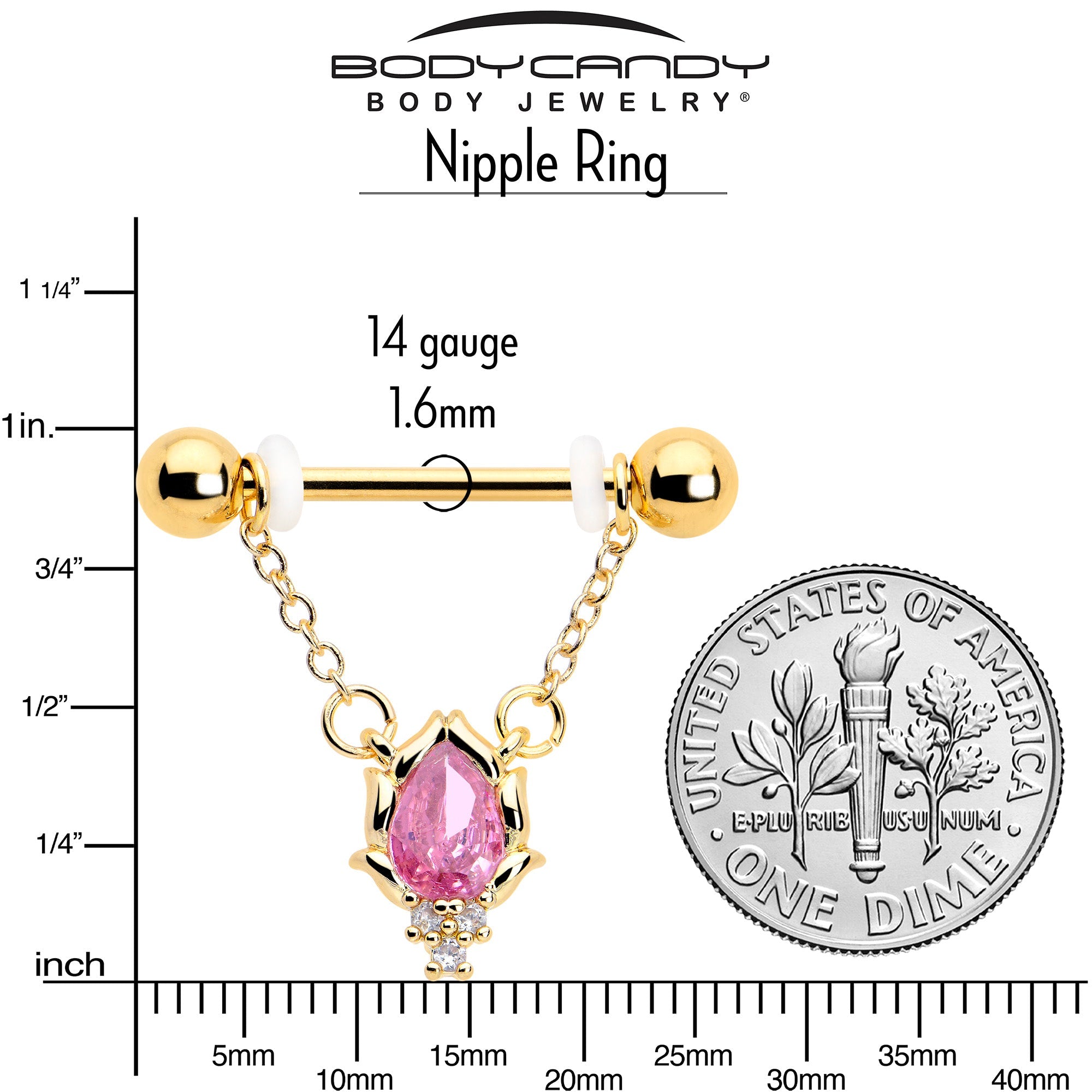 14G 9/16 Pink CZ Gem Gold Tone Style Fire Dangle Nipple Ring Set