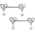 14G 9/16 Clear CZ Gem Asymmetrical Heart Dangle Nipple Ring Set