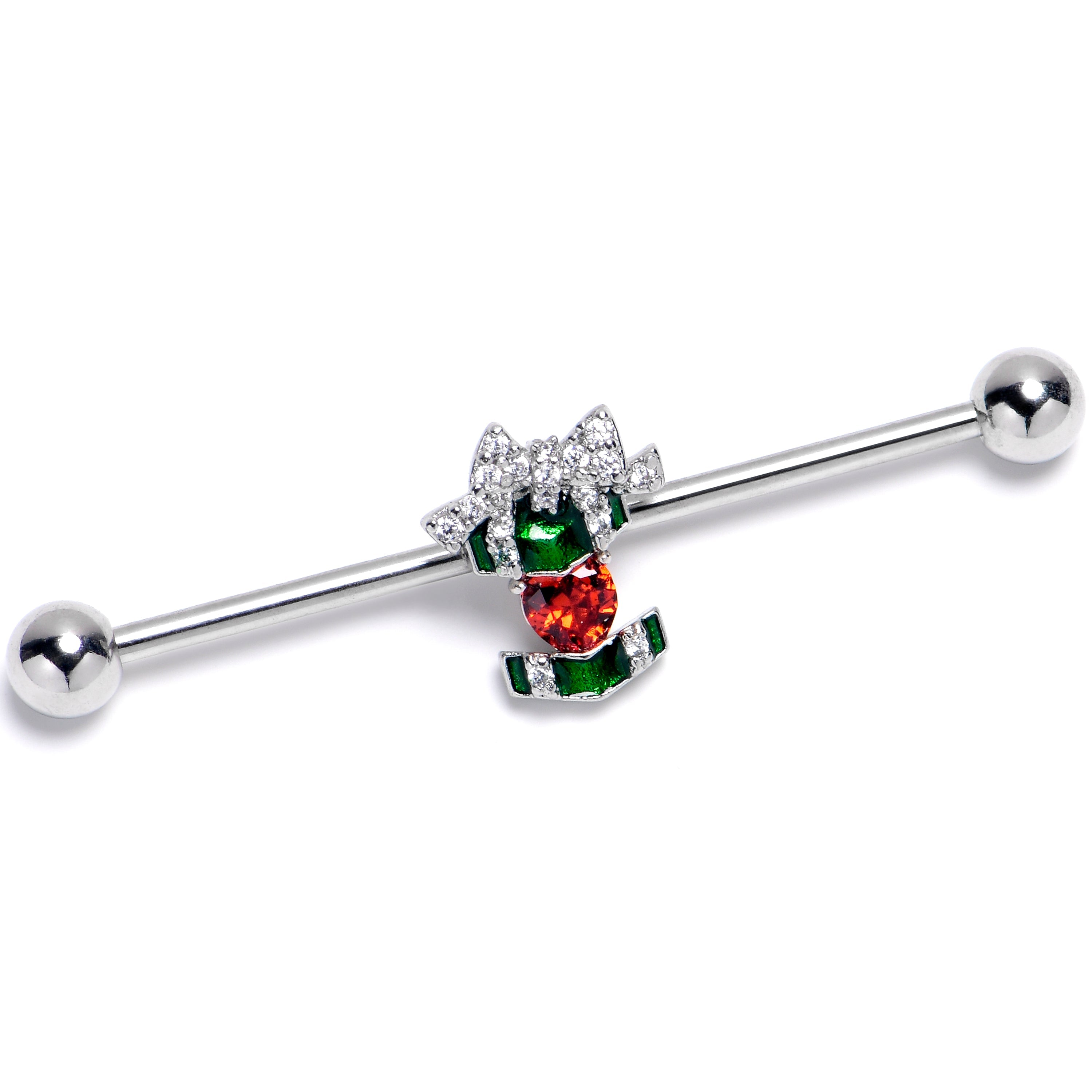 14G Red Green Gem Holiday Abstract Heart Industrial Barbell 38mm