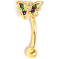 16G 5/16 Vitrail Gem Gold Tone Classic Butterfly Curved Eyebrow Ring