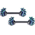 14G 9/16 Clear Gem Black Peacock Green Barbell Nipple Ring Set