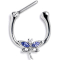 16G  5/16 Blue Clear CZ Gem Dragonfly Style Cartilage Clicker