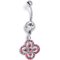 Clear Pink Gem Curved Cross Dangle Belly Ring