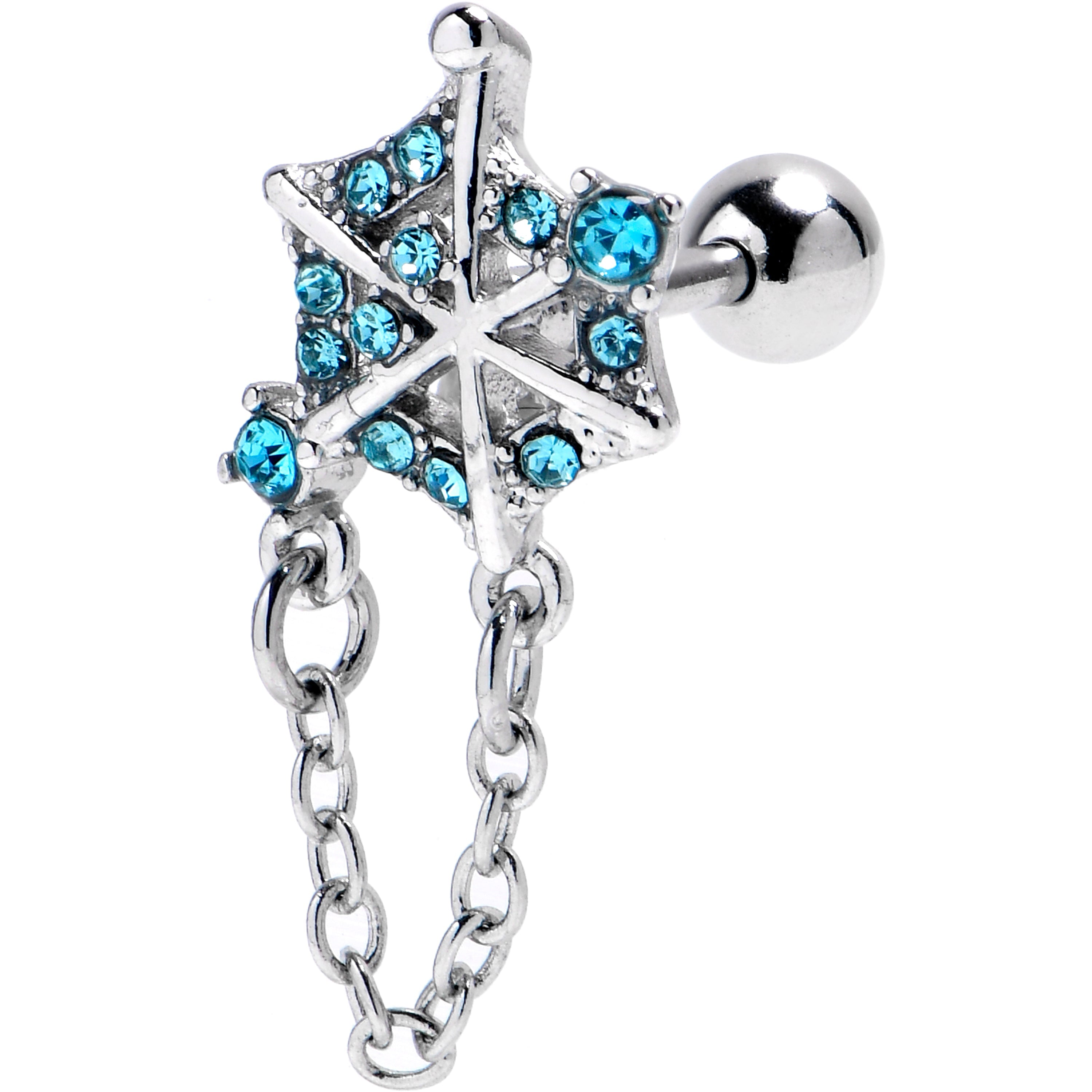 16G 1/4 Blue Gem Spiderweb Chain Dangle Cartilage Tragus Earring