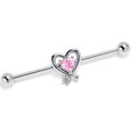 14G Pink CZ Gem Wrapped in Heart Industrial Barbell 38mm